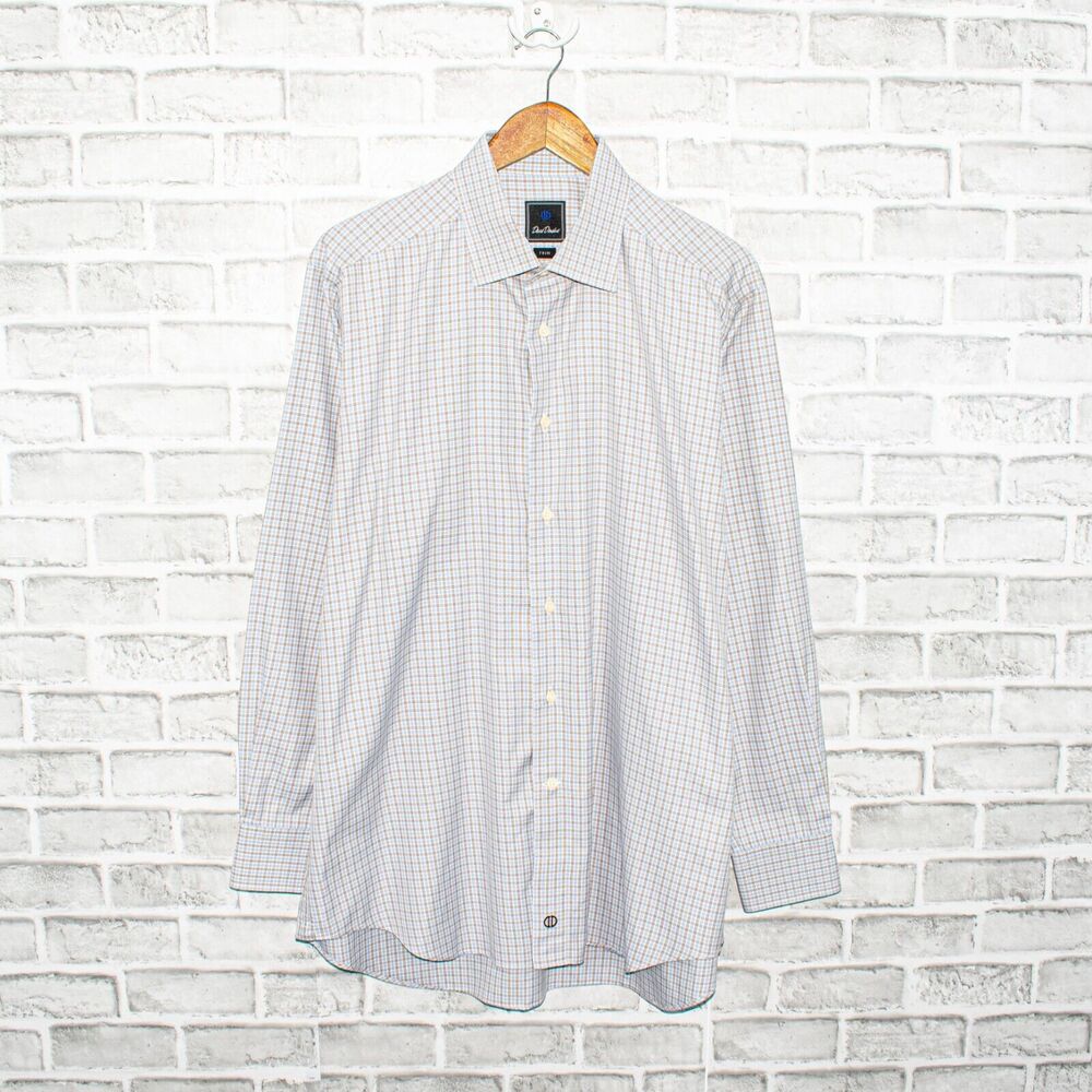 David Donahue Trim Fit Dress Shirt Blue brown check 17 1/2